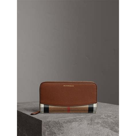 burberry leather and house check continental wallet brown ochre|Burberry Porter Ocher Brown Leather Haymarket Check Canvas .